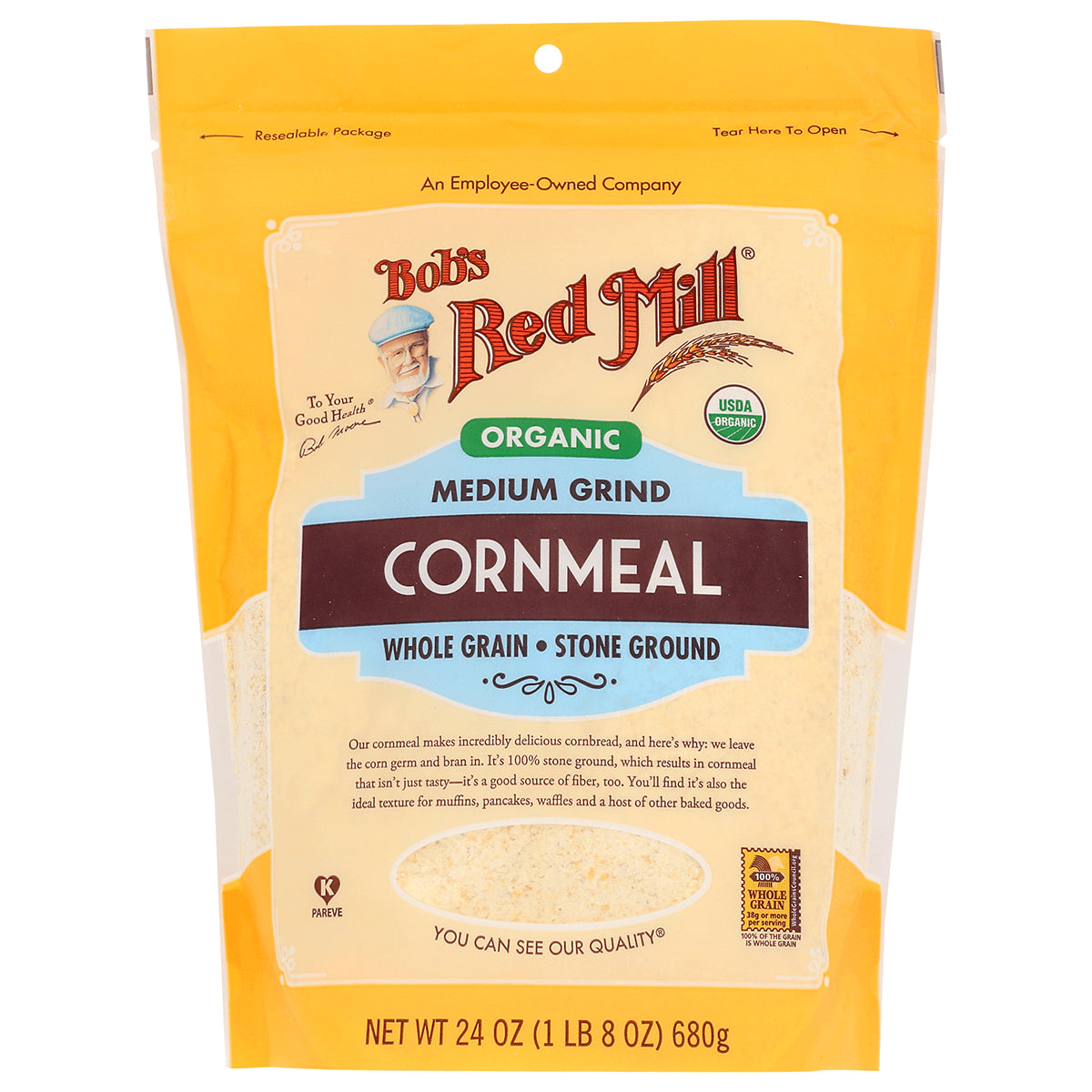 BOB295 | Bob's Red Mill organic medium grind cornmeal pouch, resealable yellow front package, net wt 24 oz