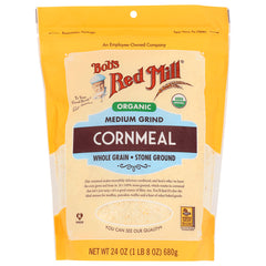 BOB295 | Bob's Red Mill organic medium grind cornmeal pouch, resealable yellow front package, net wt 24 oz