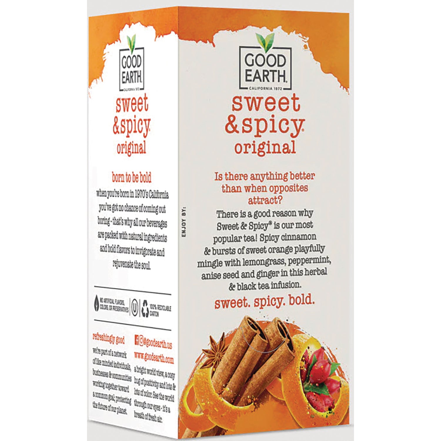 GET008 | back panel of Good Earth Sweet & Spicy original tea box with product description, ingredients text and cinnamon orange illustration