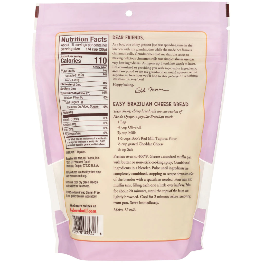 BOB292 | Back of purple pouch showing nutrition facts, ingredients, and Easy Brazilian Cheese Bread recipe - Thumbnail