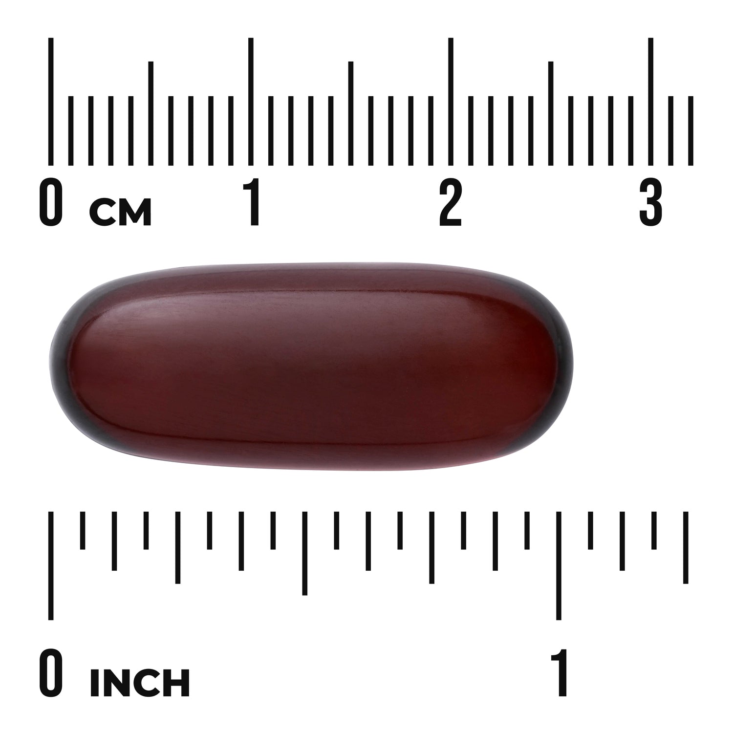 SWE046 | Reddish-brown softgel with size scale in centimeters and inches