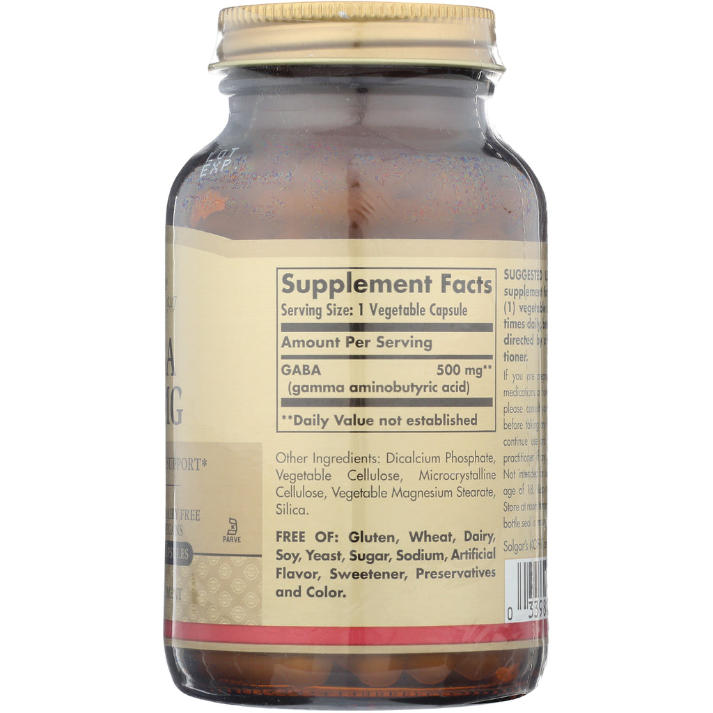 SLG351 | back label showing Supplement Facts panel for GABA 500 mg, ingredient list and free of allergen statements - Thumbnail