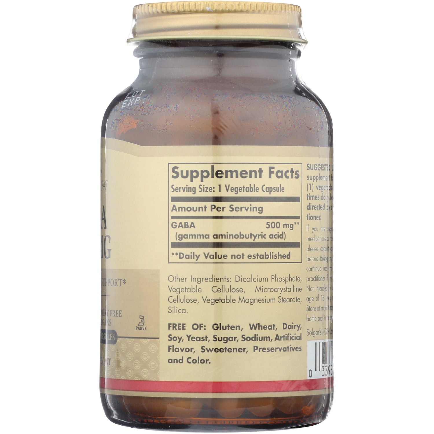 SLG351 | back label showing Supplement Facts panel for GABA 500 mg, ingredient list and free of allergen statements
