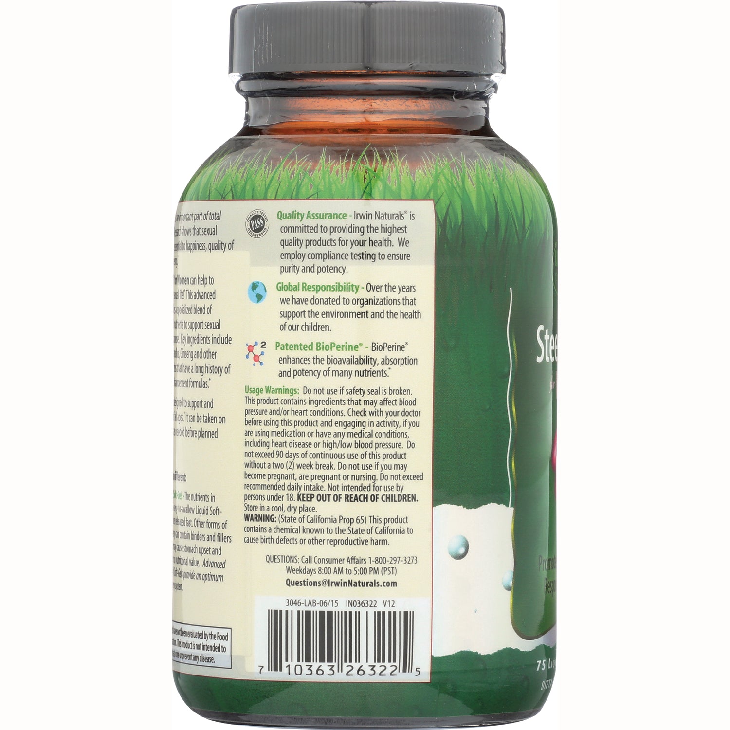 IR066 | Back of brown supplement bottle showing label with quality assurance text, usage warnings, and barcode