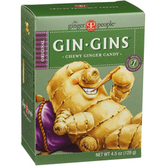 GPE001 | Box of Gin Gins chewy ginger candy front packaging showing ginger root character