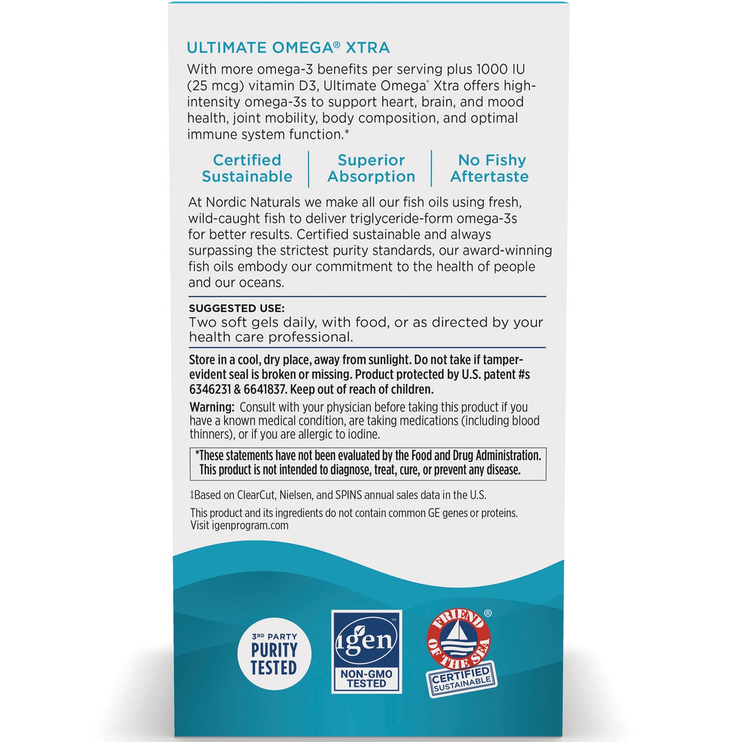 Back of Ultimate Omega Xtra box showing product benefits, suggested use, warnings, and certification logos