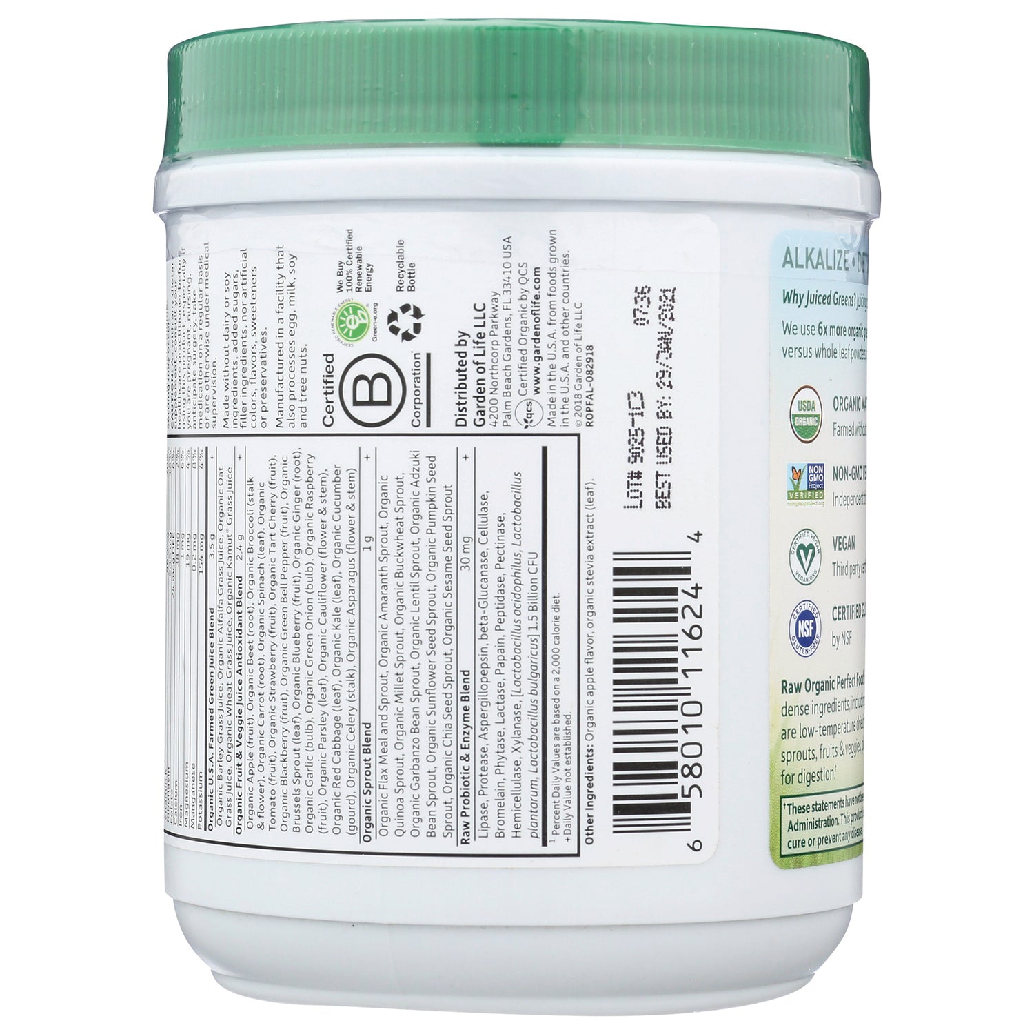 GLF173 | Back of white supplement jar with green lid showing nutrition facts, ingredients panel and barcode