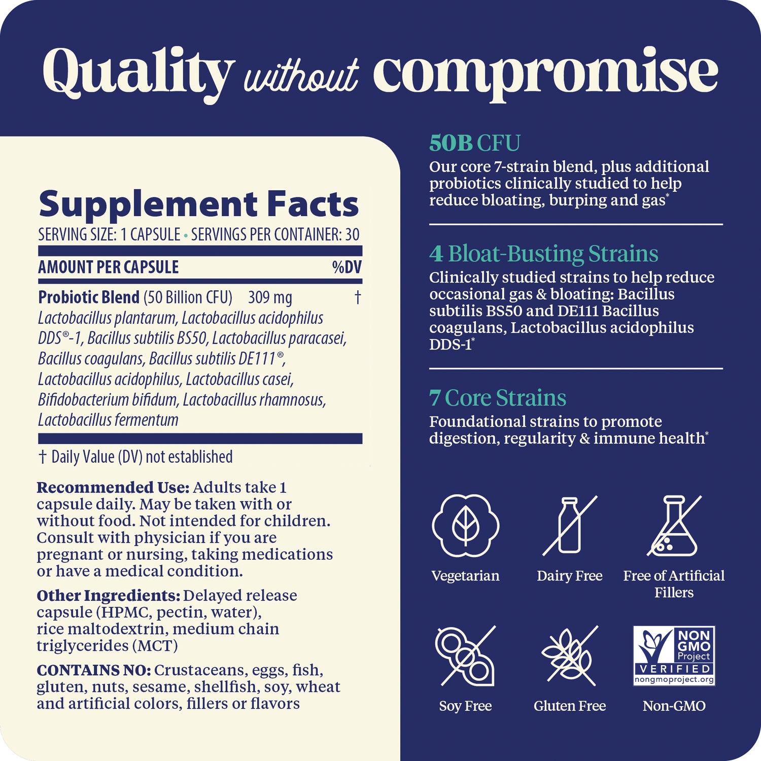 EMD103 | Back panel showing Supplement Facts, probiotic blend and dosage, ingredients, warnings, and icons for vegetarian, dairy free, gluten free, non-GMO