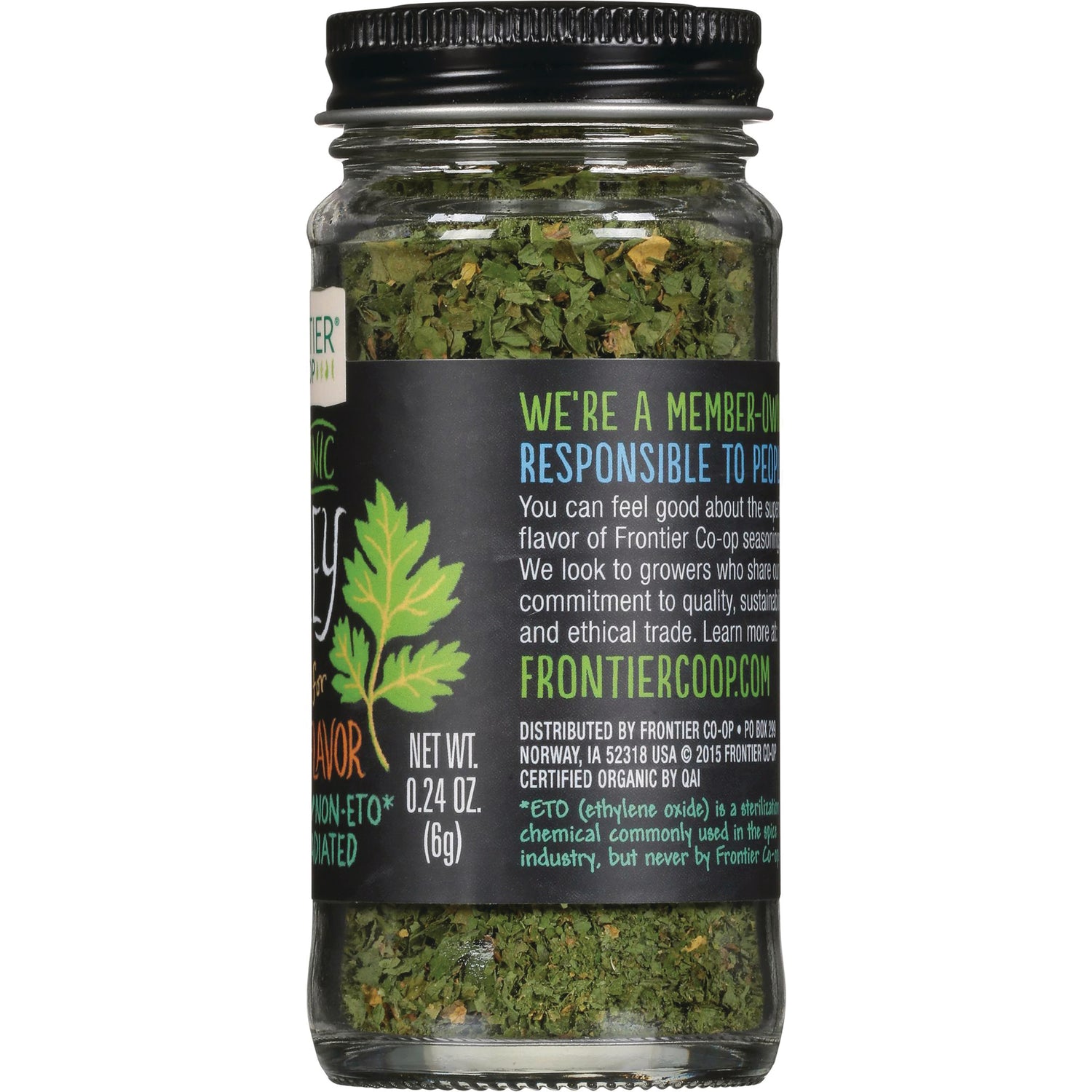 FNP010 | Back of glass spice jar showing label about responsible sourcing, FRONTIERCOOP.COM and NET WT. 0.24 OZ (6g)