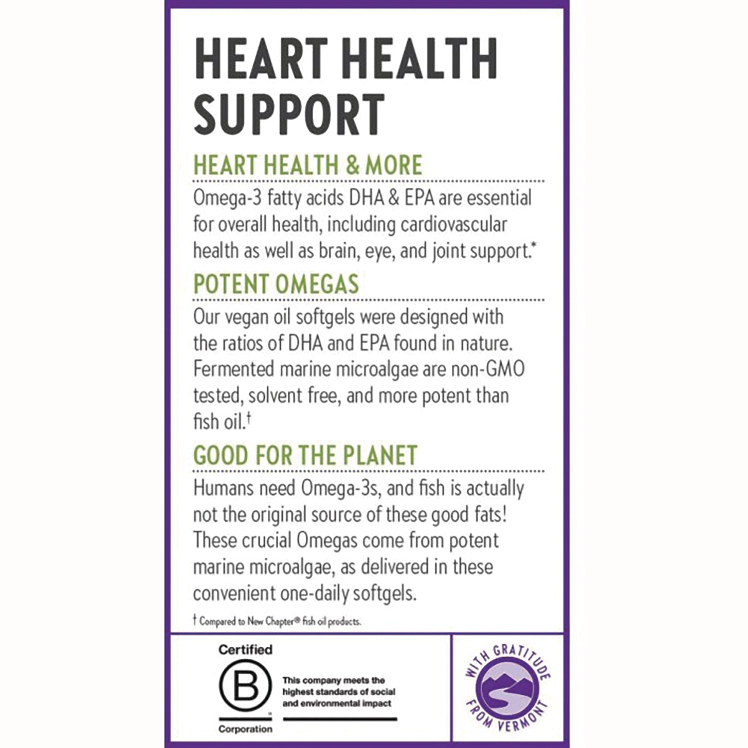 NWC371 | Product infographic listing heart health support, potent vegan omega-3 softgels from marine microalgae and planet benefits