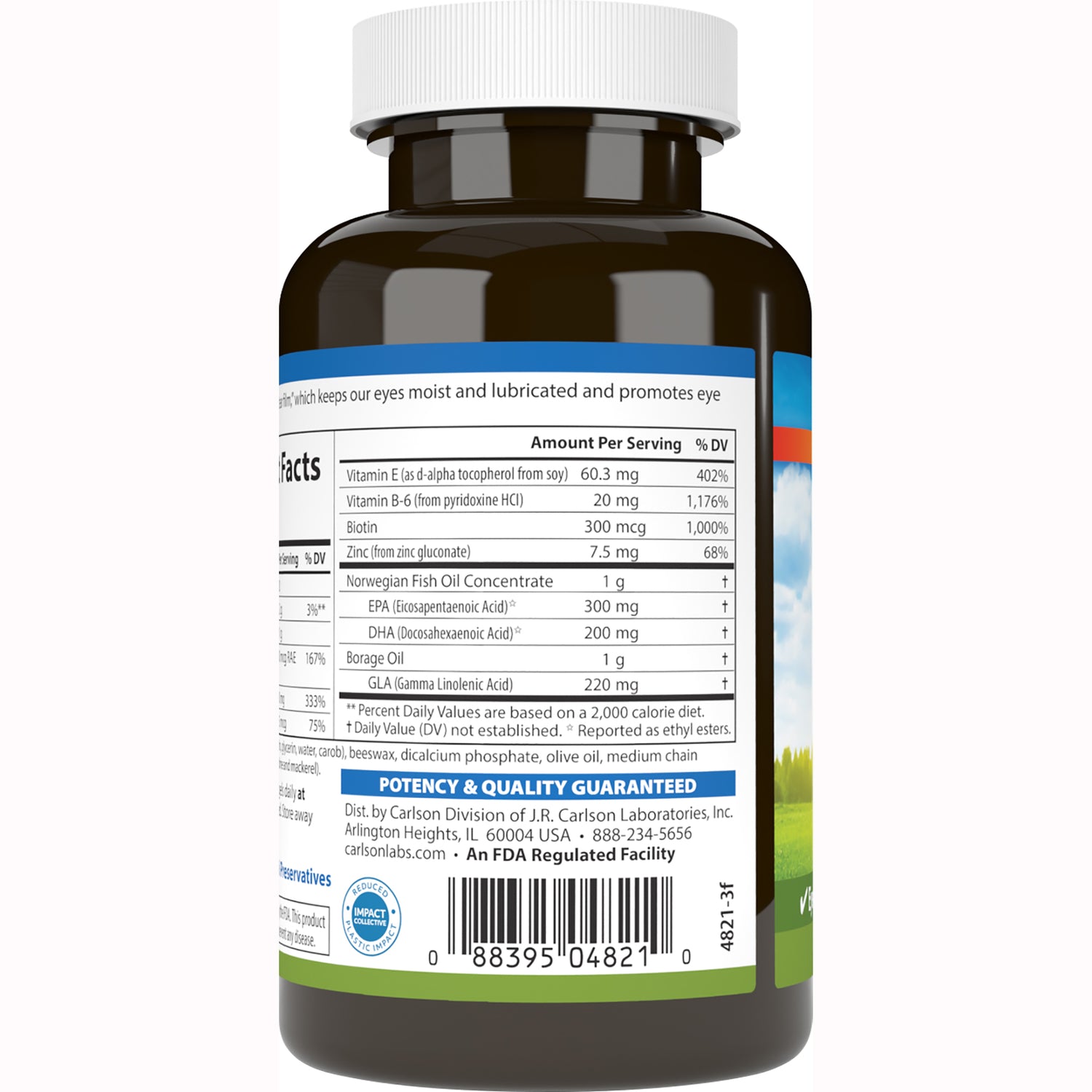 CSN167 | Back of brown supplement bottle showing supplement facts panel with EPA 300 mg, DHA 200 mg, potency guarantee and barcode