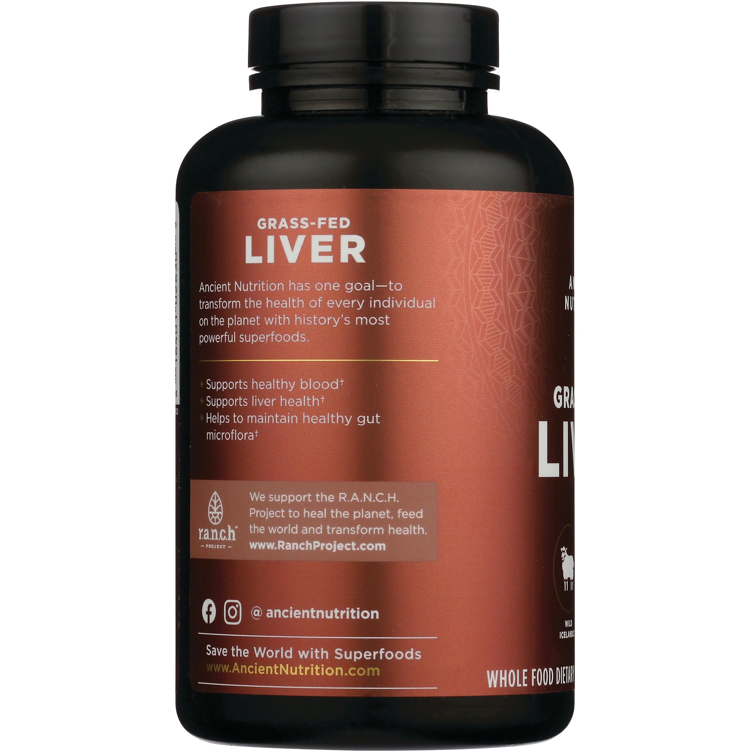 ATN098 | Back label of brown supplement bottle reading GRASS-FED LIVER with brief benefits and Ancient Nutrition branding