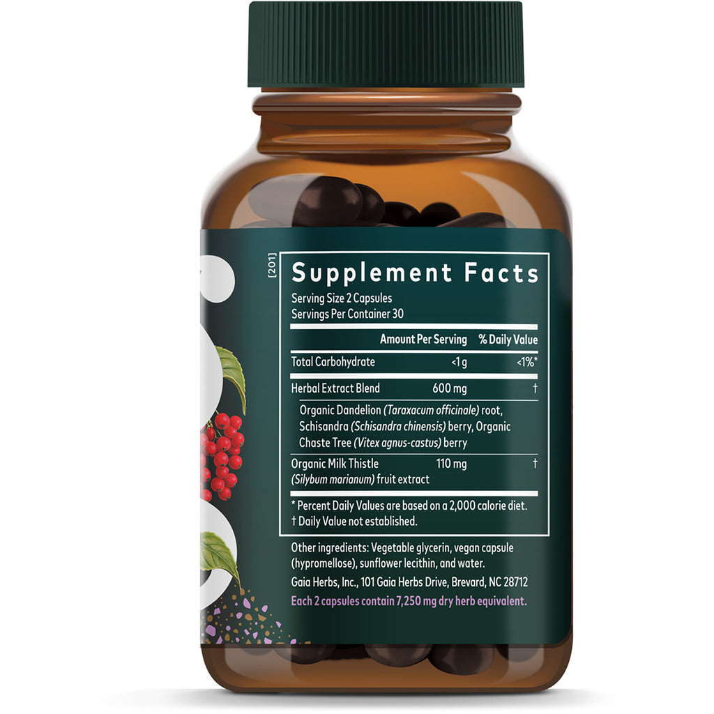 Supplement facts panel showing serving size, herbal extract blend, ingredients and suggested use on dark green product back - Thumbnail