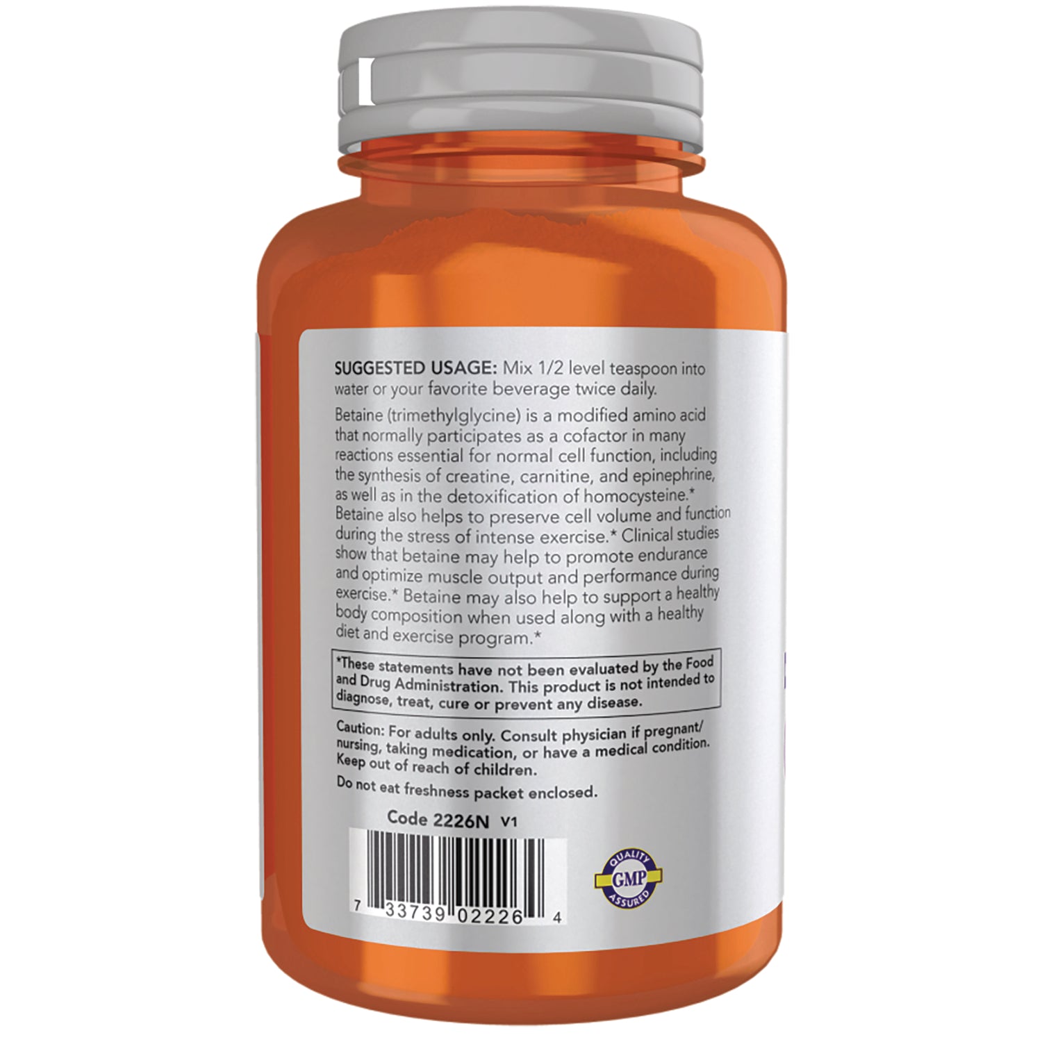 NWF1385 | back label of orange supplement bottle showing suggested usage, warnings, and barcode