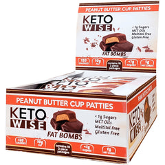 KW002 | Keto Wise Peanut Butter Cup Patties display box showing fat bombs and nutrition highlights