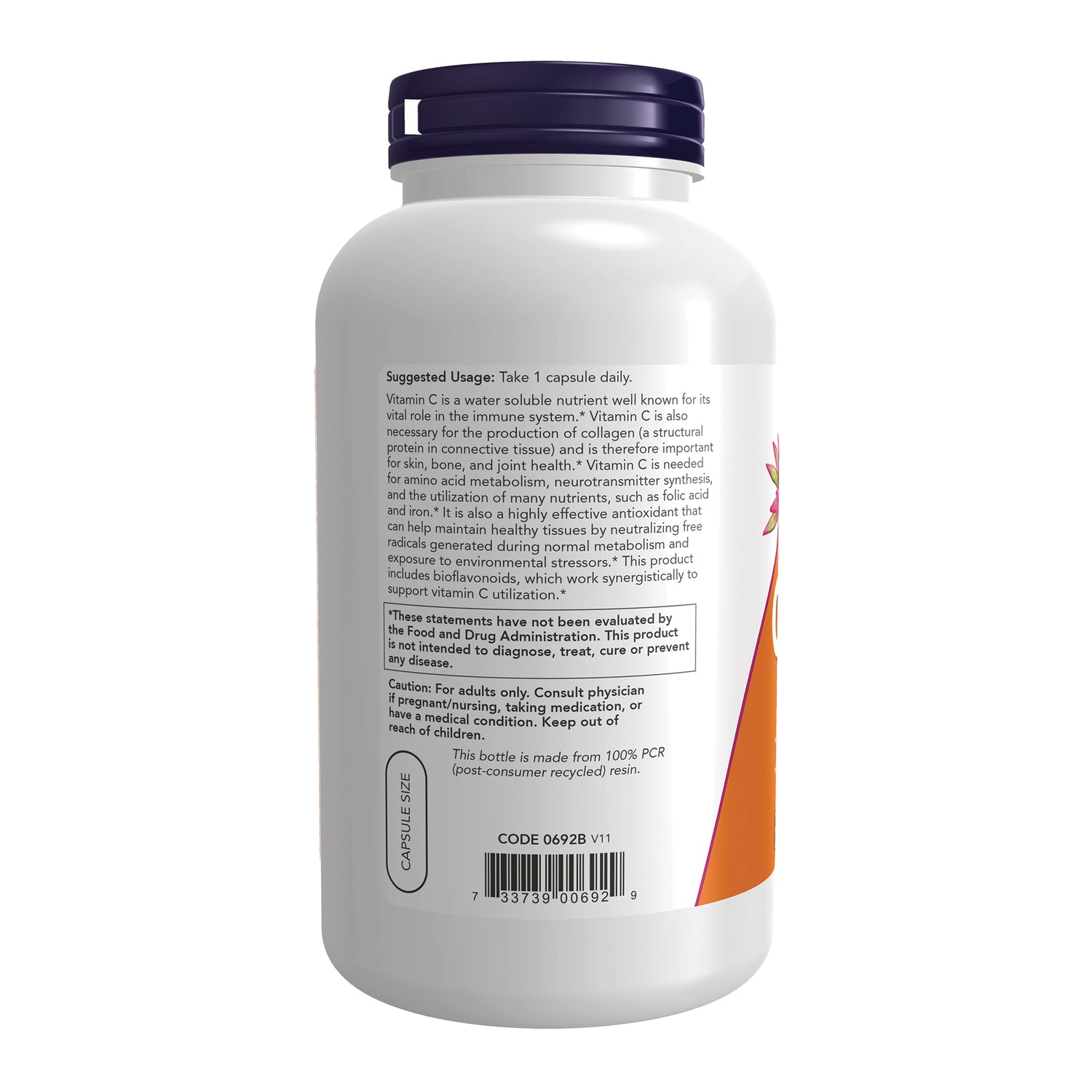 NWF030 | Back of white supplement bottle showing suggested usage, caution text, barcode, and capsule size label