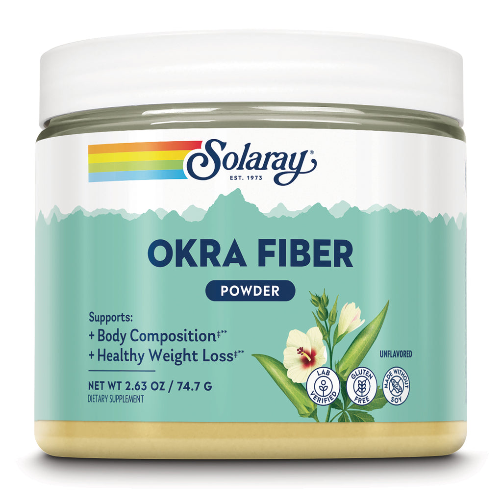 SLR546 | Solaray OKRA FIBER POWDER jar front label with floral illustration, 2.63 oz dietary supplement - Thumbnail