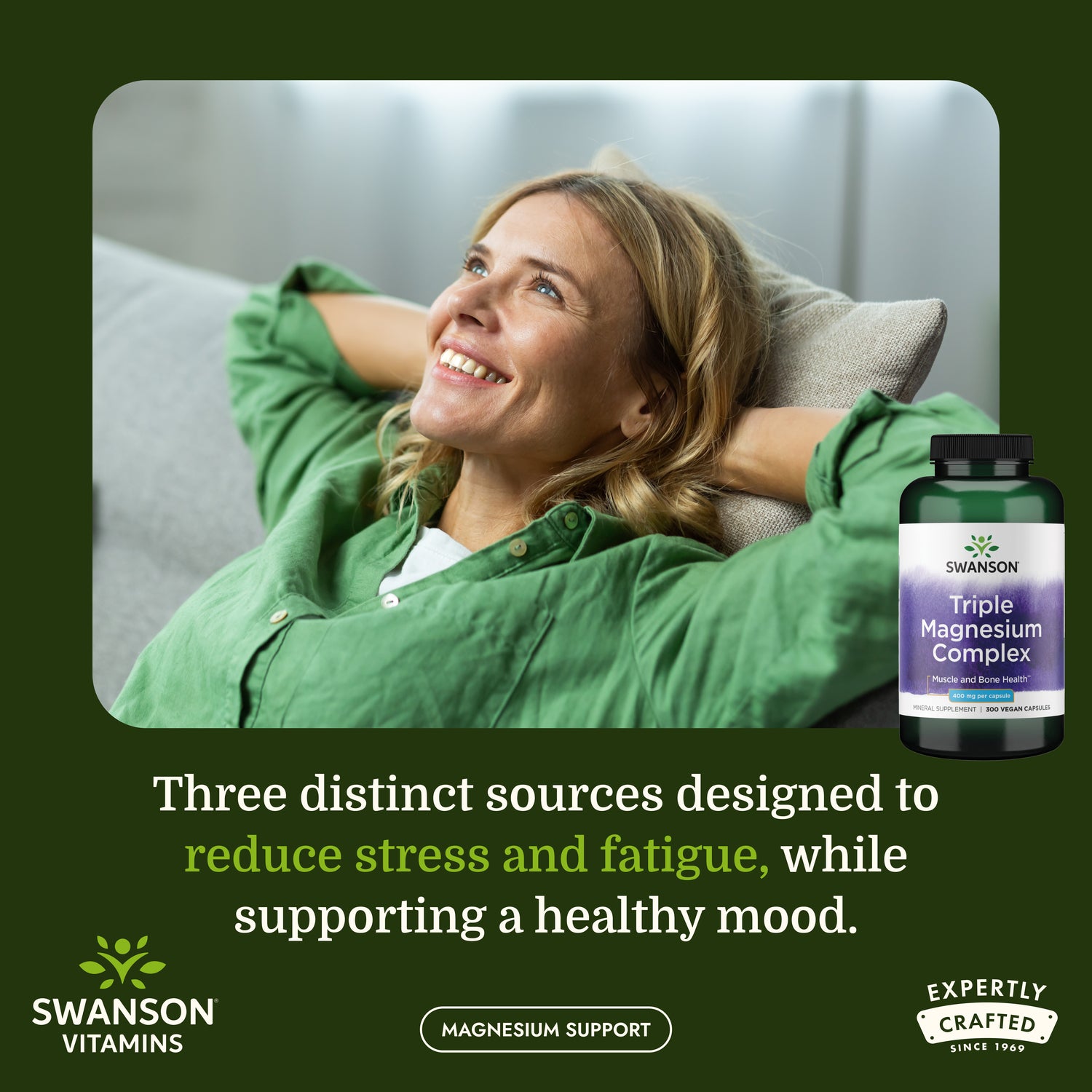 SW1079 | Woman relaxing on a couch beside Swanson Triple Magnesium Complex bottle with magnesium support messaging