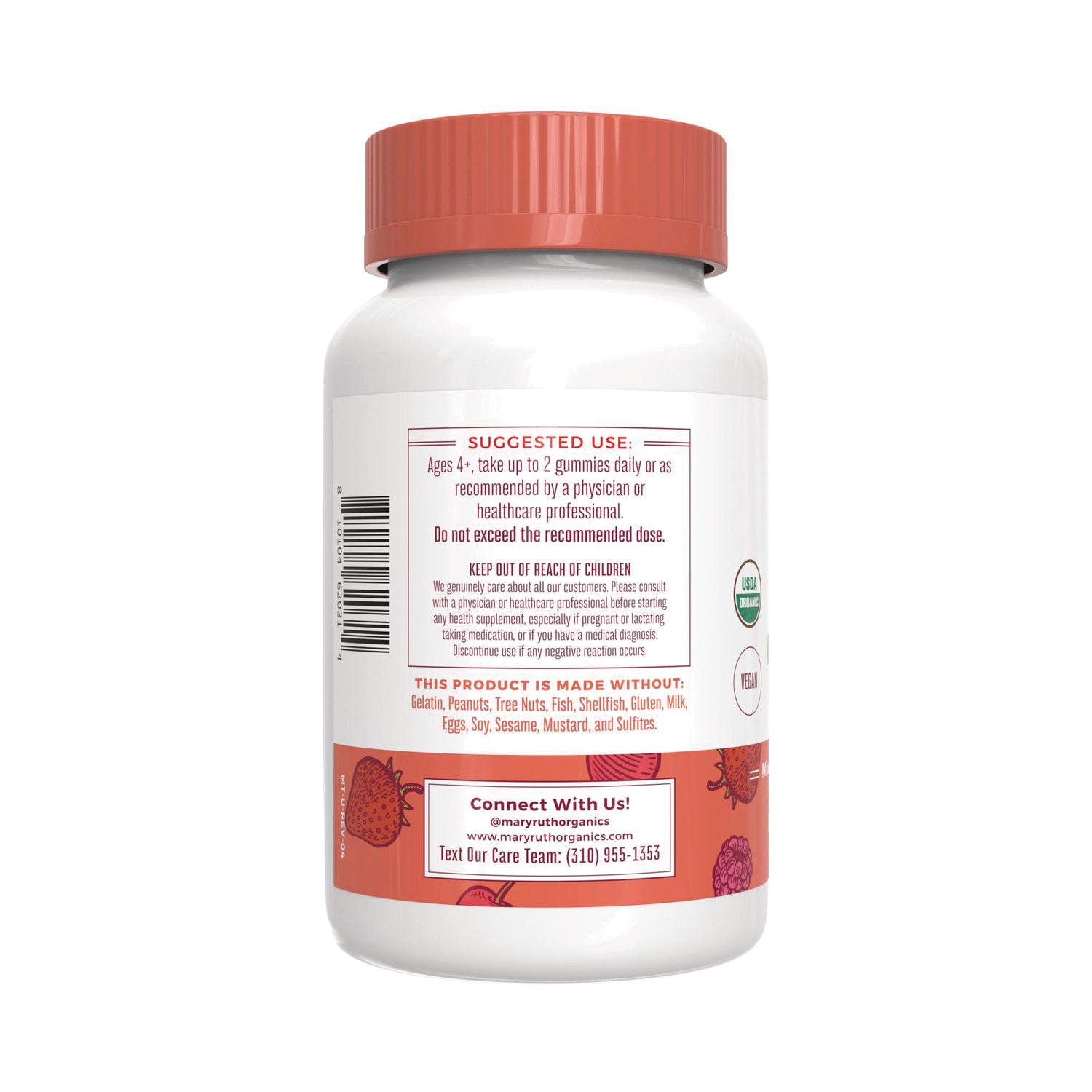 MRR044 | Back of white supplement bottle with orange cap showing suggested use, warnings, barcode, and contact info