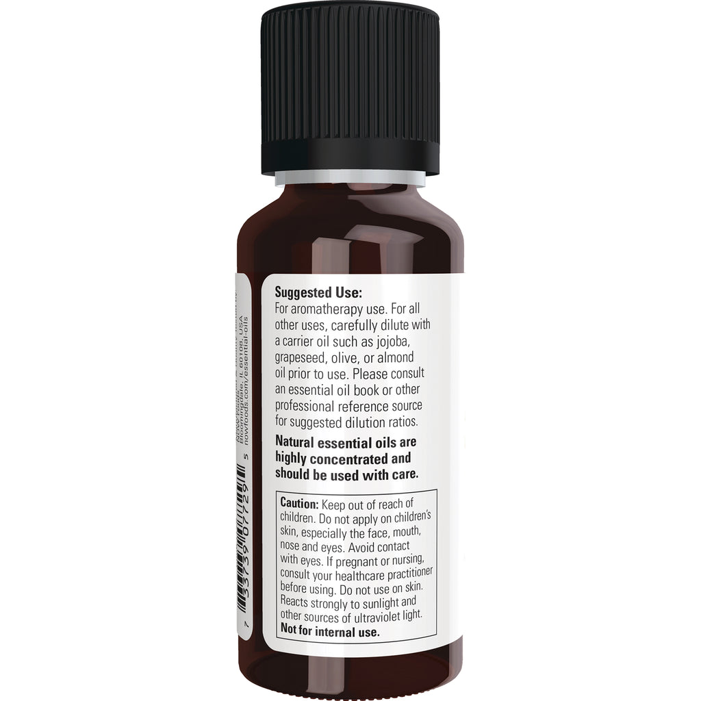 NWF1162 | Back label of amber essential oil bottle showing suggested use and caution text - Thumbnail