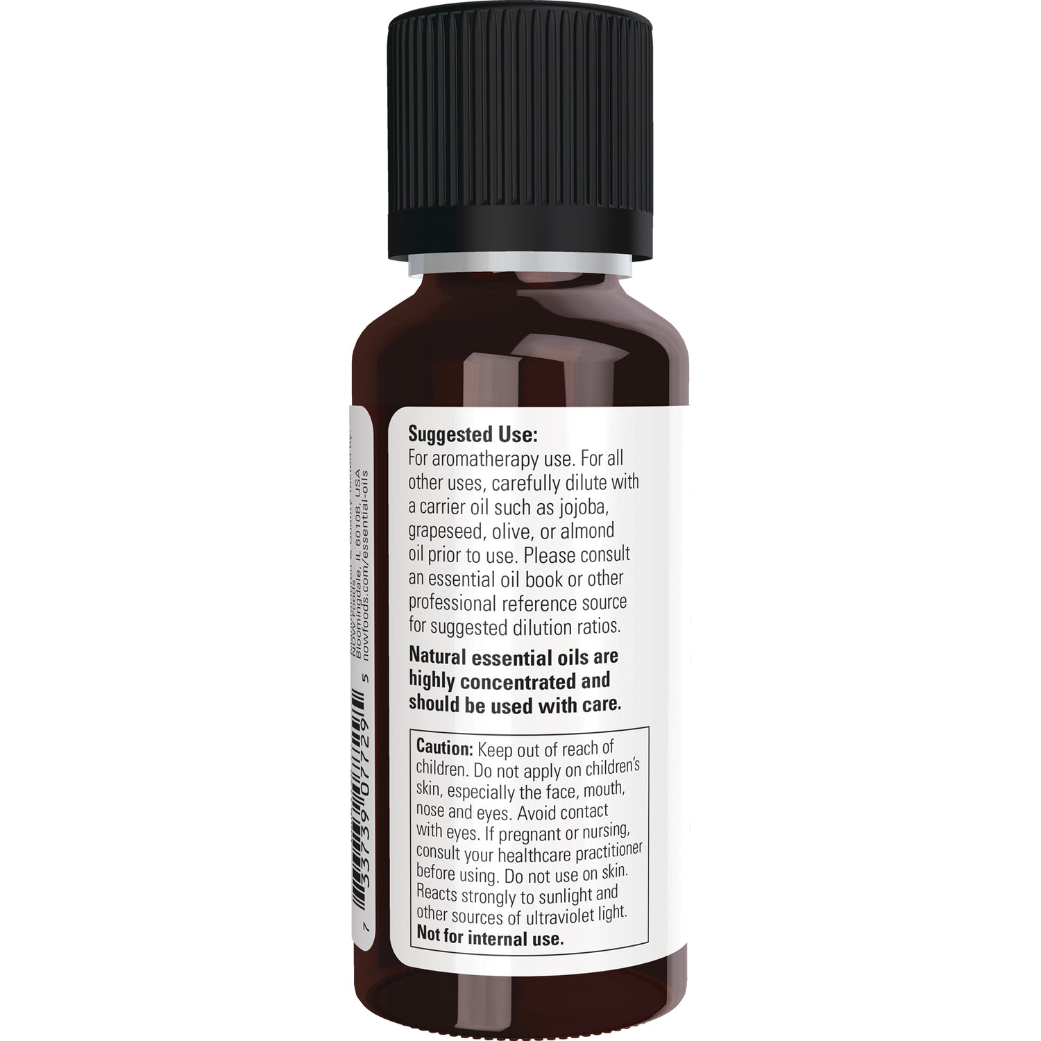 NWF1162 | Back label of amber essential oil bottle showing suggested use and caution text