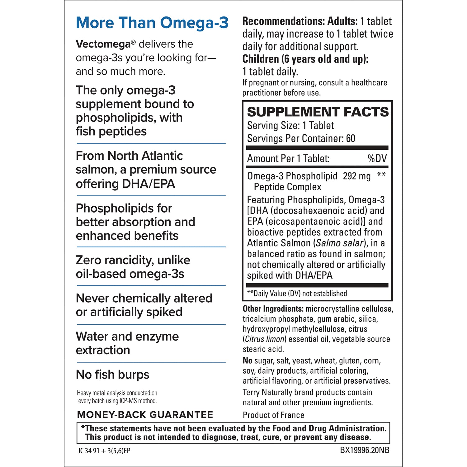 EUR003 | back label showing SUPPLEMENT FACTS, dosage recommendations, ingredients, and product claims