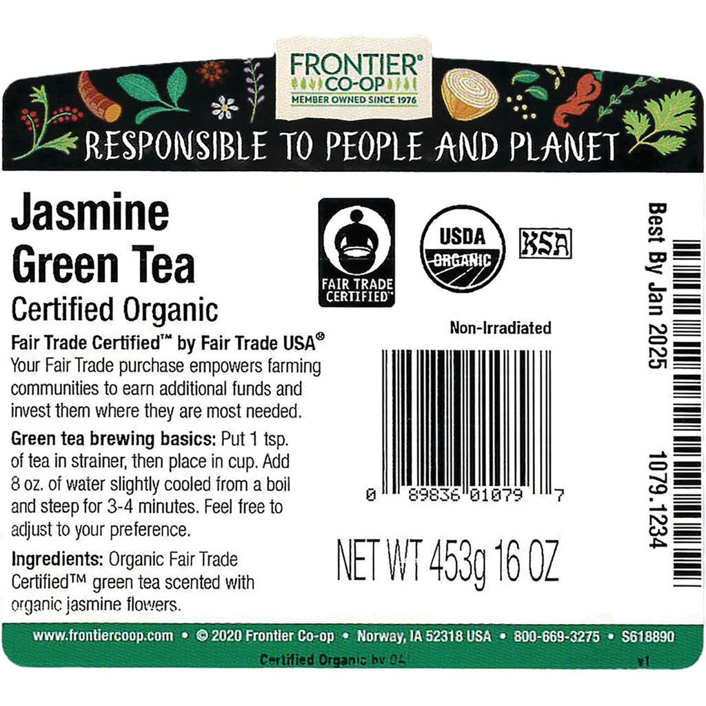 FNP028 | Back label for Frontier Jasmine Green Tea showing ingredients, brewing basics, Fair Trade and USDA logos, barcode, NET WT 453g 16 OZ - Thumbnail