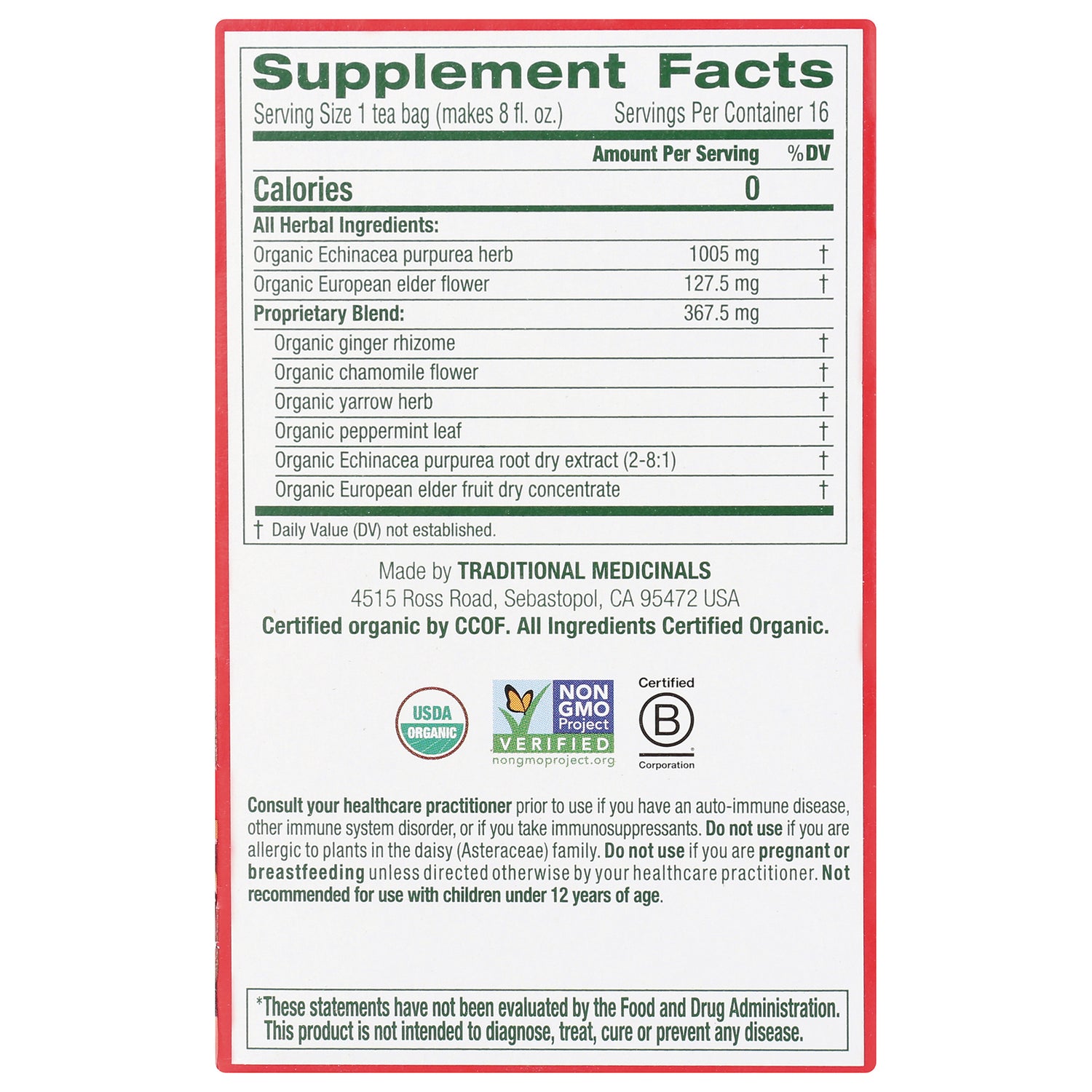 TMD016 | Back panel with Supplement Facts, herbal ingredients, USDA Organic, Non-GMO Project Verified, Certified B Corporation