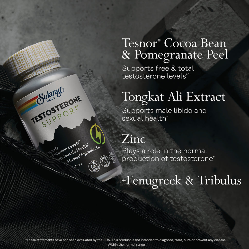 SLR537 | Solaray Men's Testosterone Support infographic highlighting Tesnor, Tongkat Ali, zinc, fenugreek & tribulus - Thumbnail