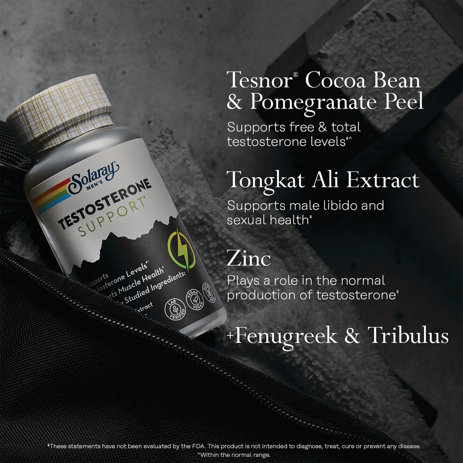 SLR537 | Solaray Men's Testosterone Support infographic highlighting Tesnor, Tongkat Ali, zinc, fenugreek & tribulus