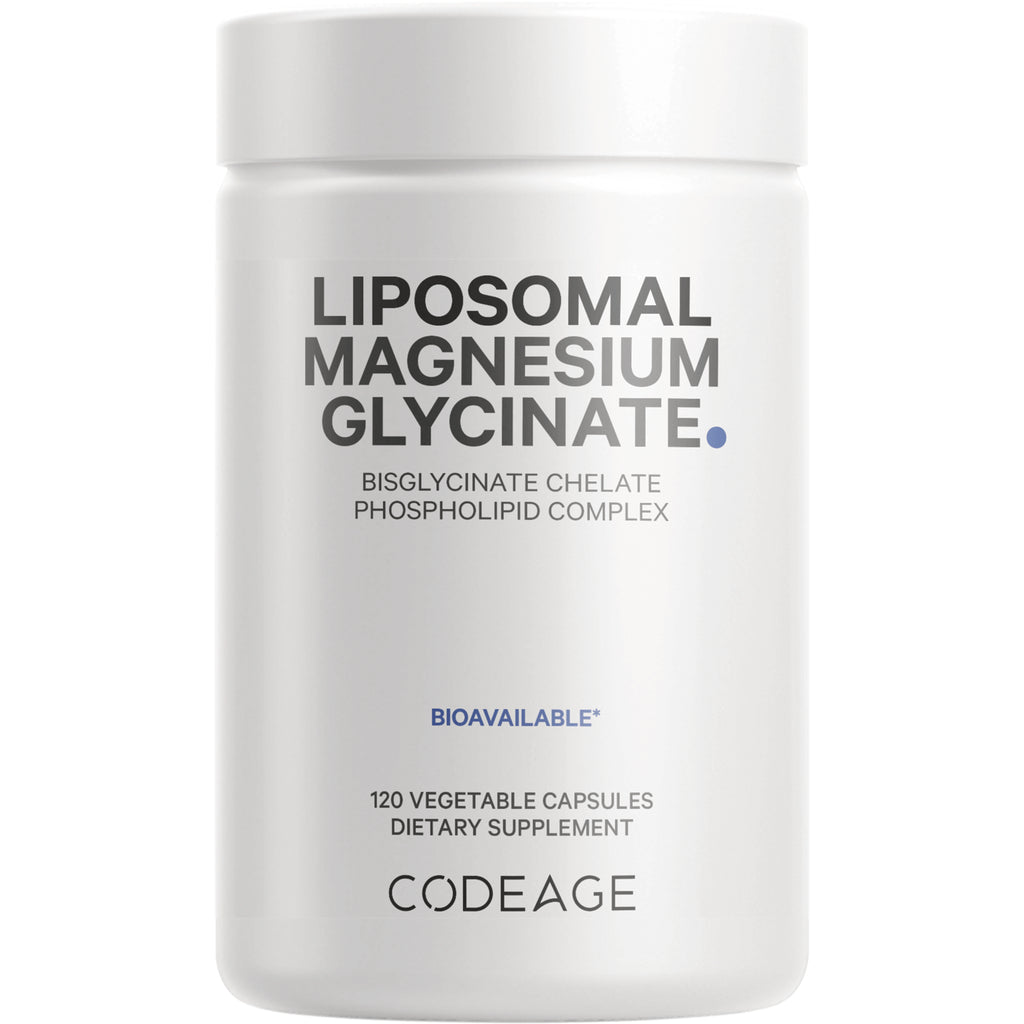 CDG011 | White supplement bottle labeled LIPOSOMAL MAGNESIUM GLYCINATE, BIOAVAILABLE, 120 vegetable capsules, CODEAGE - Thumbnail