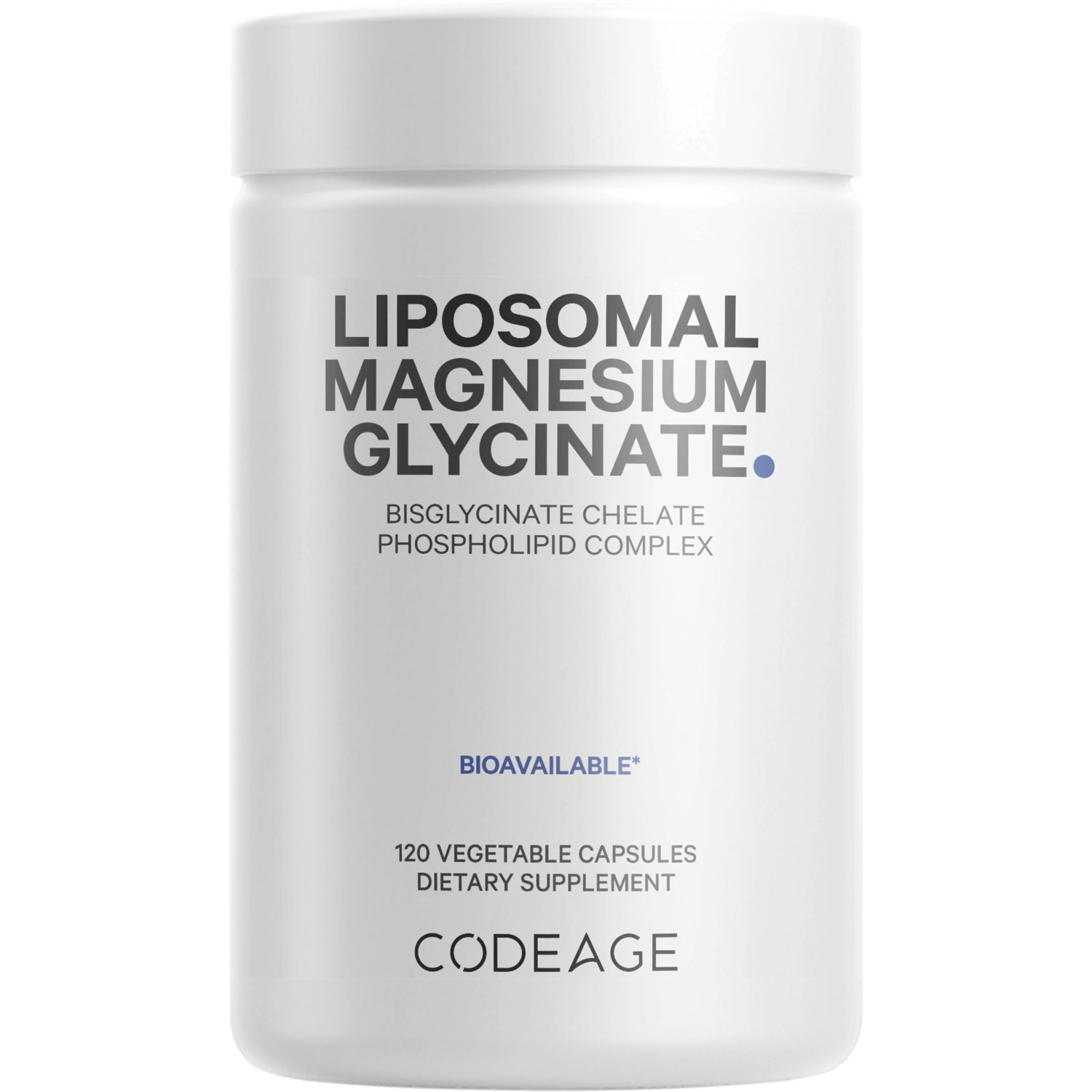 CDG011 | White supplement bottle labeled LIPOSOMAL MAGNESIUM GLYCINATE, BIOAVAILABLE, 120 vegetable capsules, CODEAGE