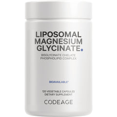 CDG011 | White supplement bottle labeled LIPOSOMAL MAGNESIUM GLYCINATE, BIOAVAILABLE, 120 vegetable capsules, CODEAGE