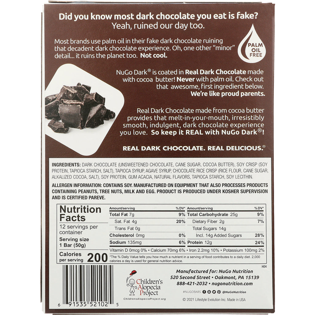 NUG002 | Back of NuGo Dark bar packaging showing ingredients, allergen statement and Nutrition Facts panel - Thumbnail
