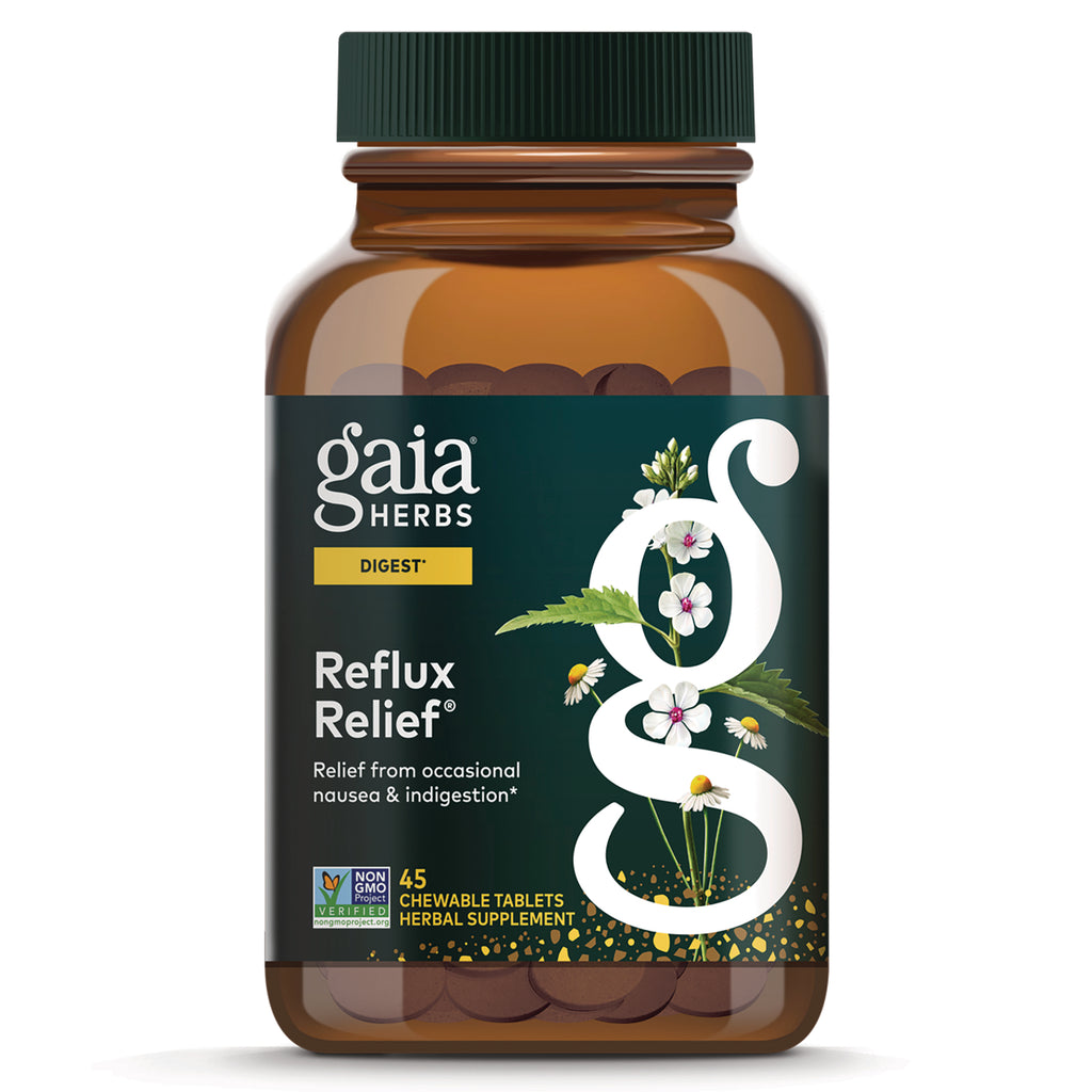 GH171 | Gaia Herbs Reflux Relief chewable tablets bottle front showing label and floral herbal graphic - Thumbnail
