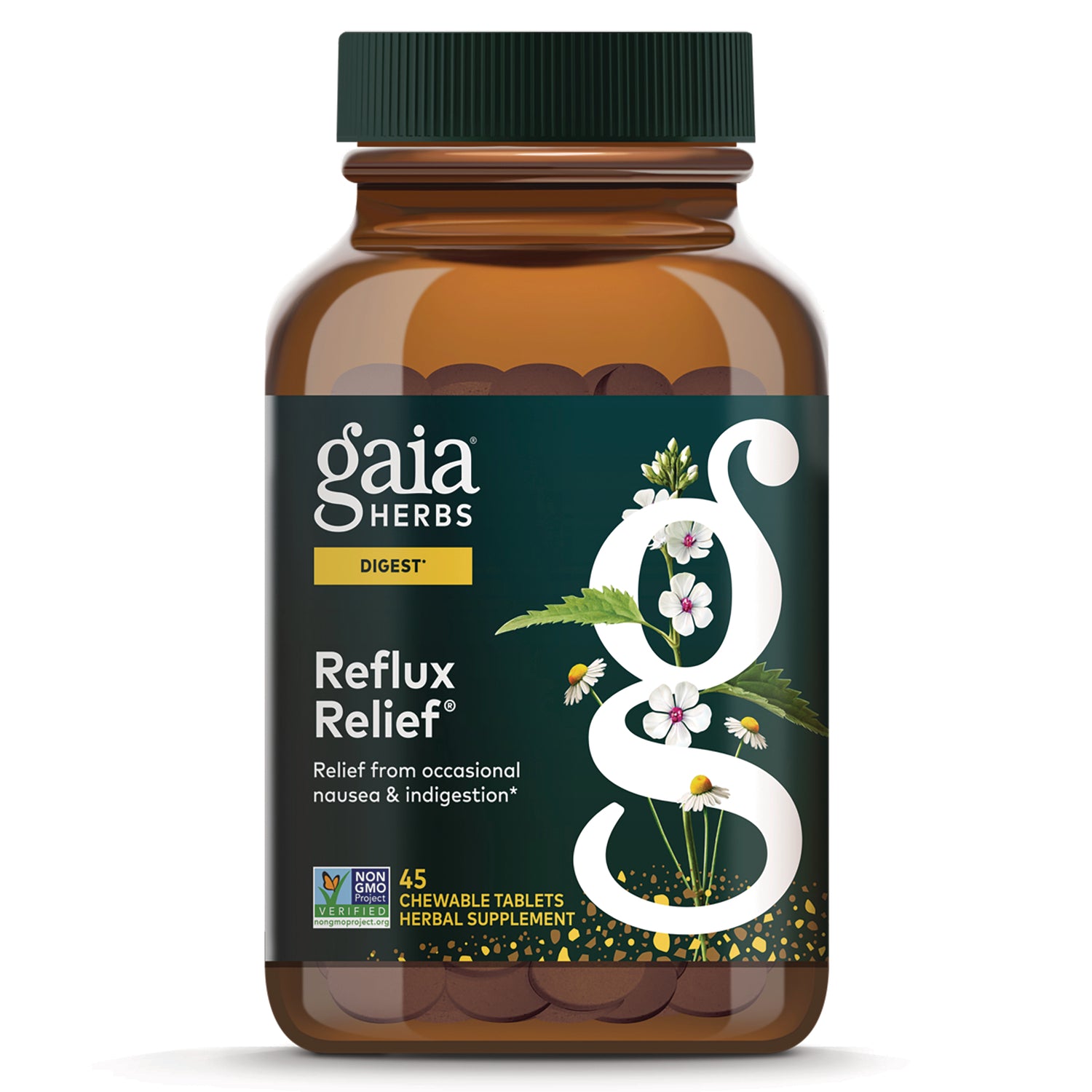 GH171 | Gaia Herbs Reflux Relief chewable tablets bottle front showing label and floral herbal graphic