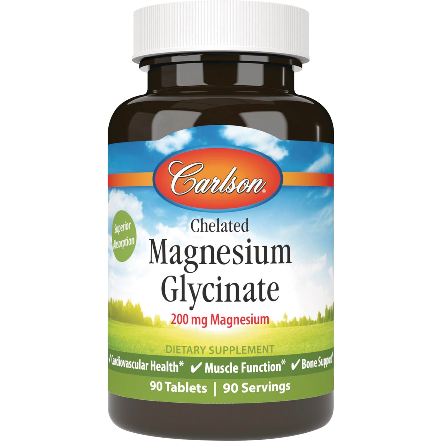CSN199 | Carlson Chelated Magnesium Glycinate 200 mg bottle, 90 tablets front label