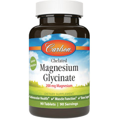 CSN199 | Carlson Chelated Magnesium Glycinate 200 mg bottle, 90 tablets front label