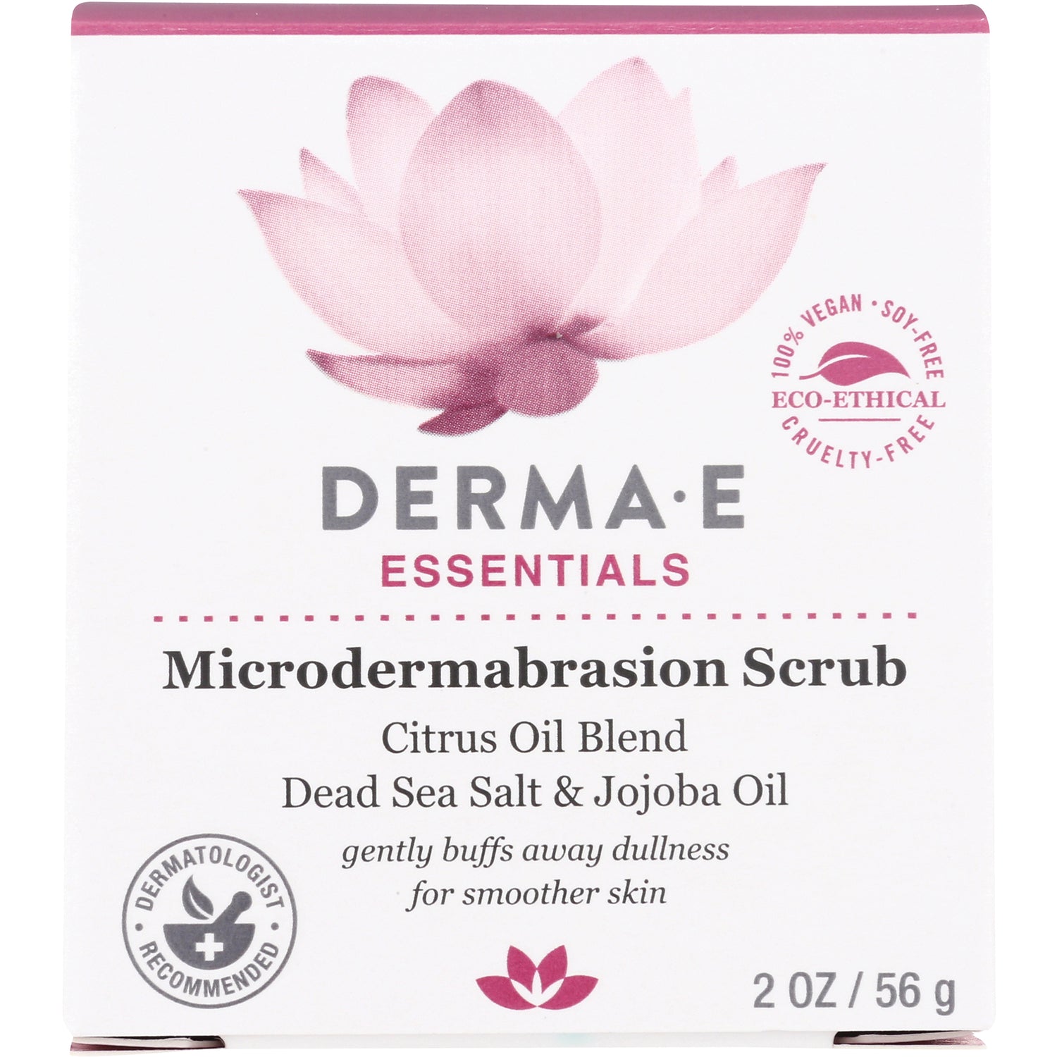 DE020 | DERMAE Essentials Microdermabrasion Scrub, Citrus Oil Blend with Dead Sea Salt & Jojoba Oil front box 2 oz