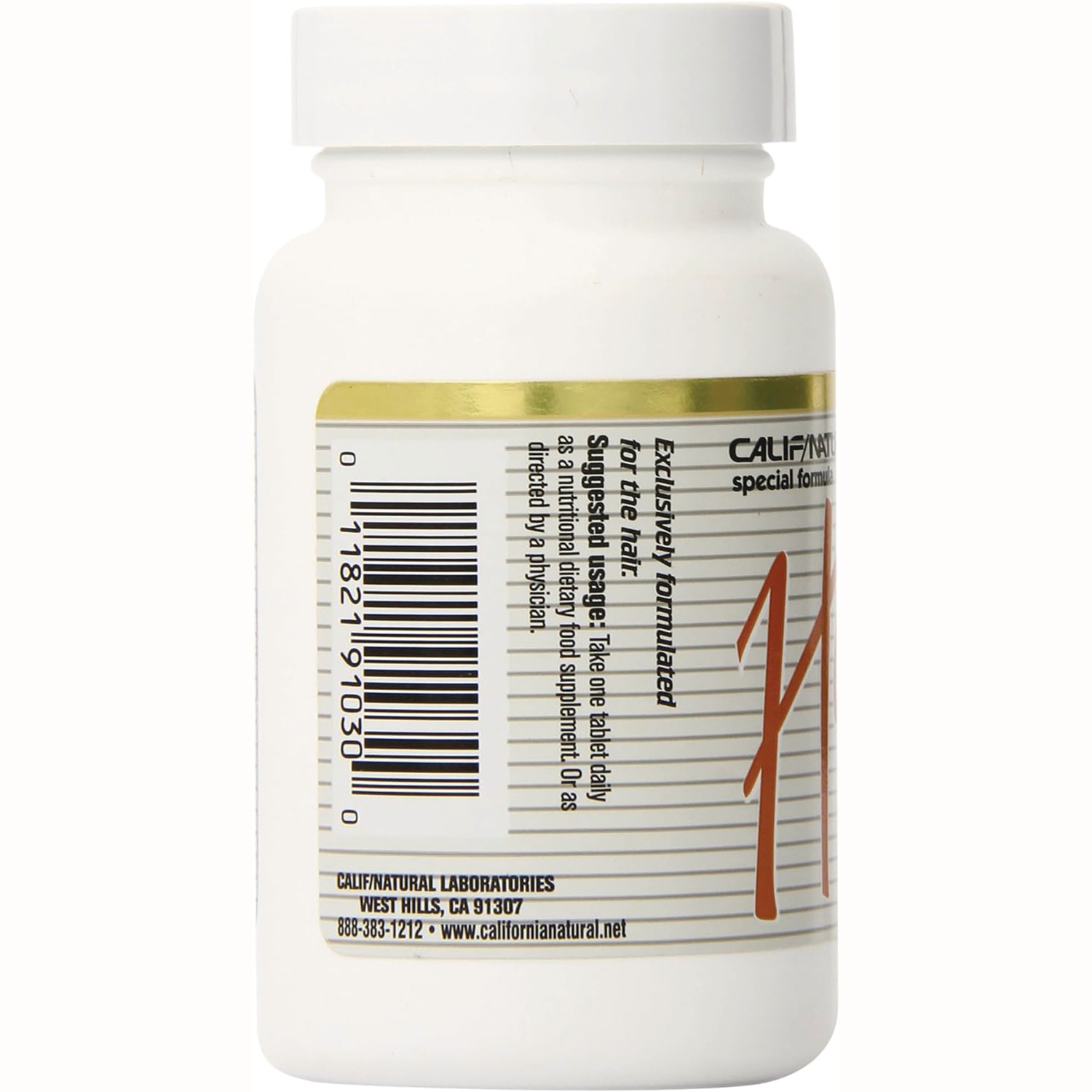 CNA006 | Back label of white supplement bottle showing barcode, suggested usage text and manufacturer info