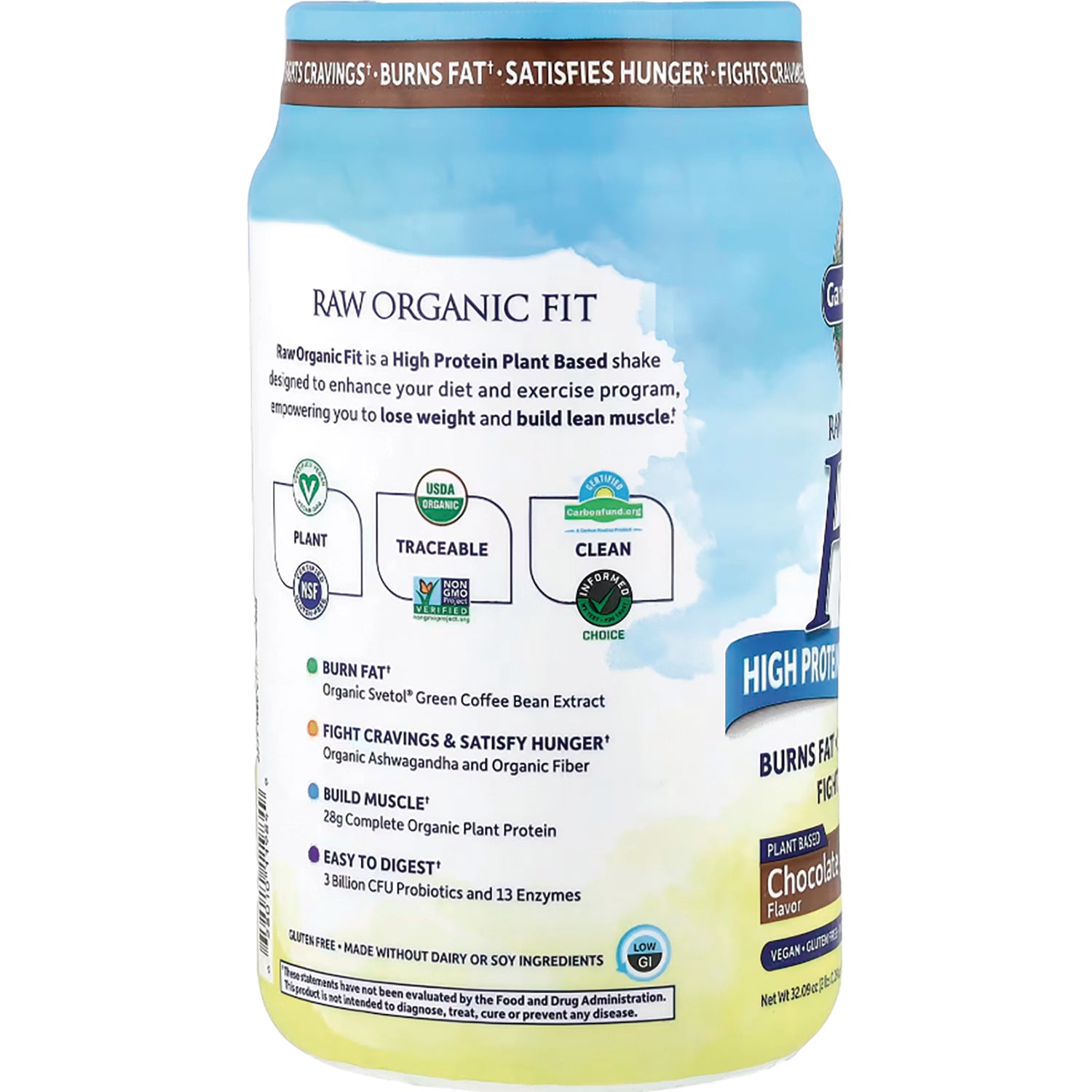 GLF244 | Back label of Raw Organic Fit plant protein showing claims burn fat, fight cravings, build muscle and certification icons