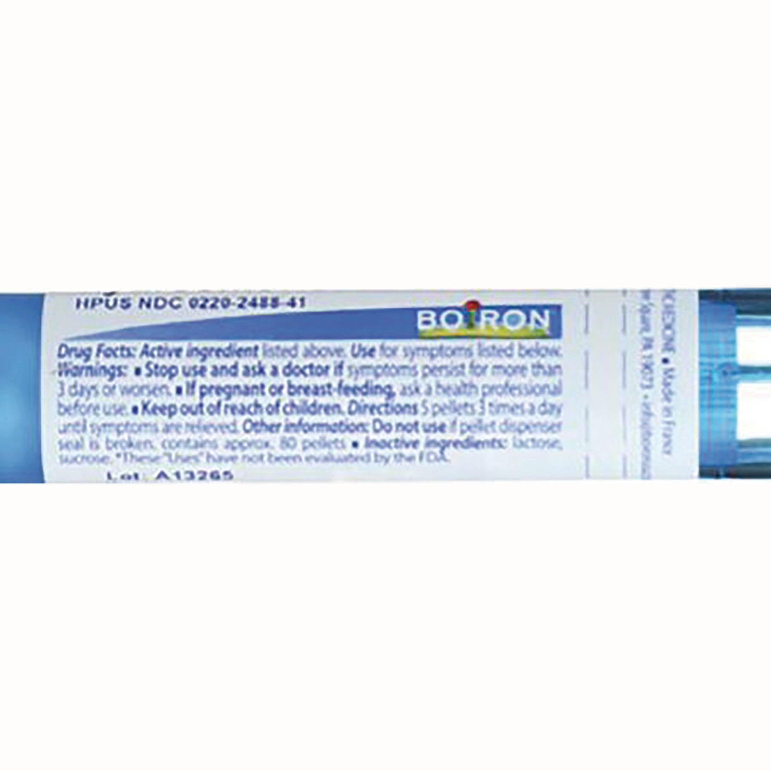BRN061 | Back label of blue Boiron homeopathic nasal spray tube showing drug facts and small-print directions