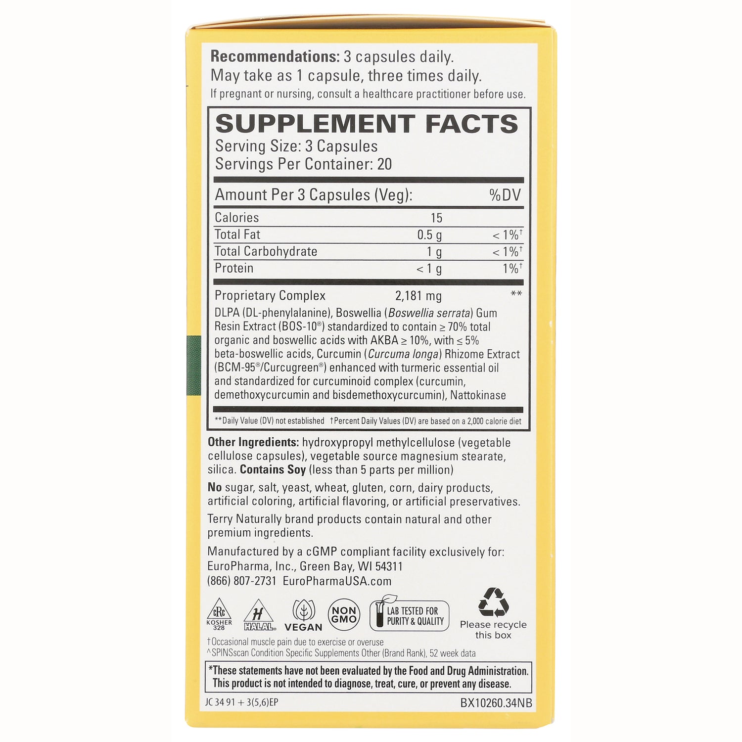 EUR001 | Back panel showing SUPPLEMENT FACTS with serving size, proprietary complex and other ingredients