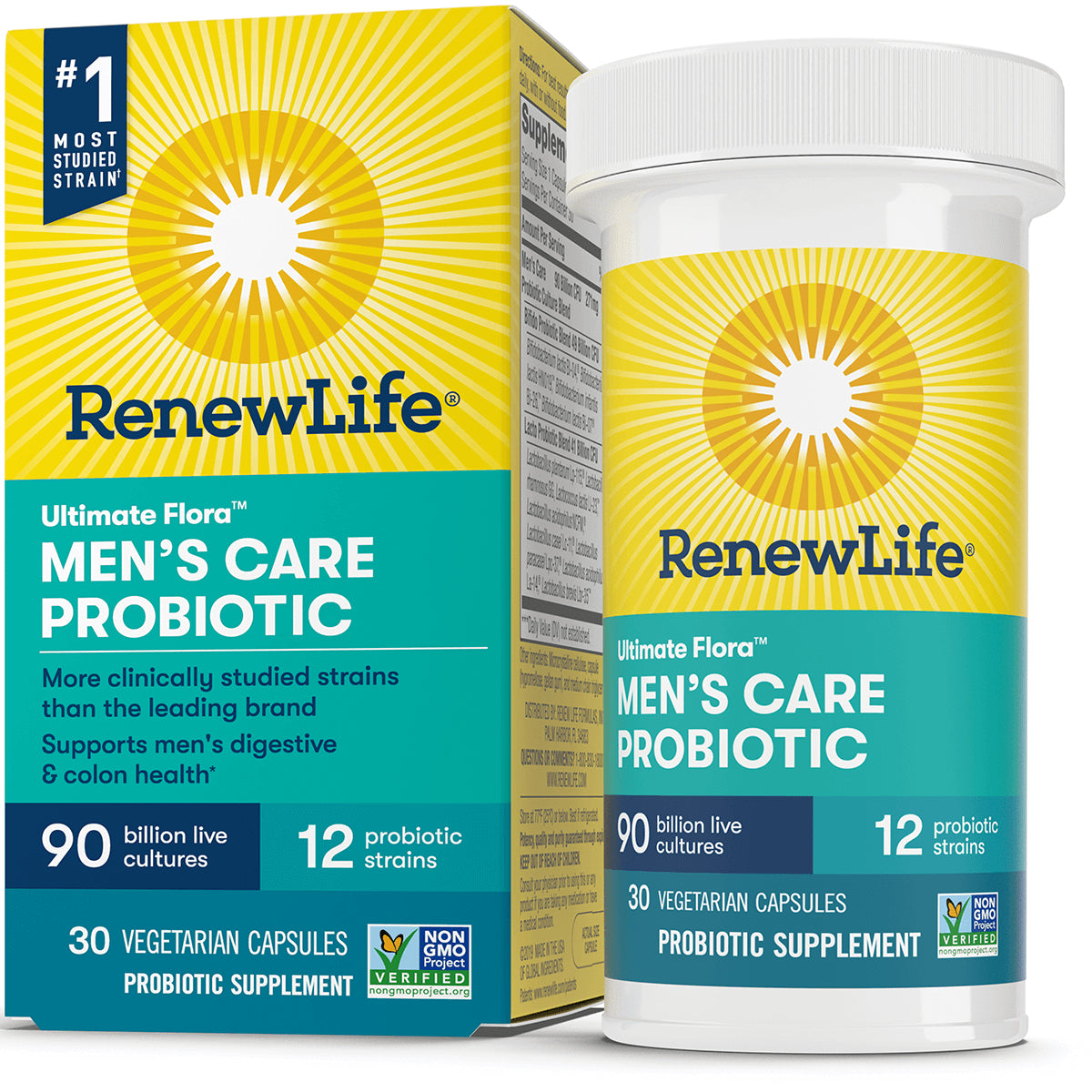 RNL241 | RenewLife Men's Care Probiotic bottle and box labeled 90 billion live cultures, 12 probiotic strains, 30 vegetarian capsules