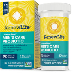 RNL241 | RenewLife Men's Care Probiotic bottle and box labeled 90 billion live cultures, 12 probiotic strains, 30 vegetarian capsules