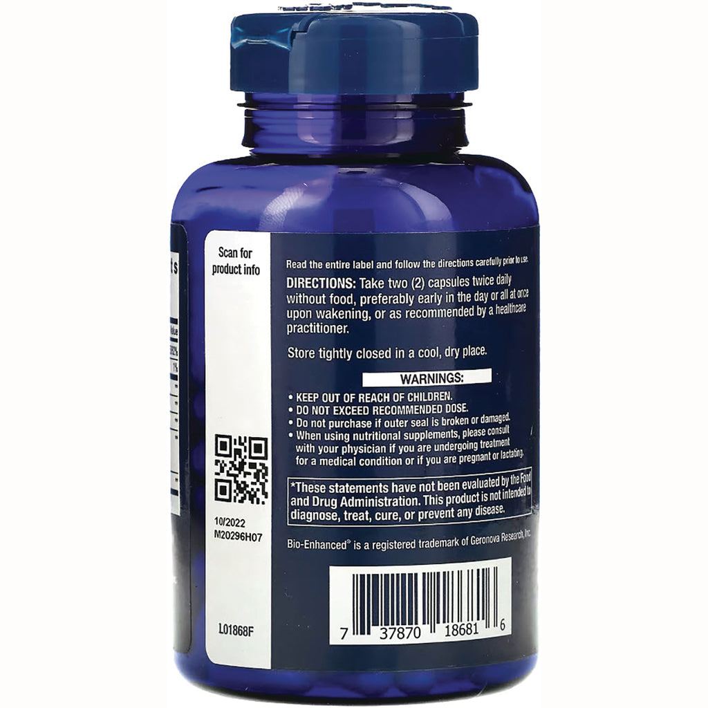 LE367 | Back of blue supplement bottle showing directions, warnings, QR code and barcode - Thumbnail