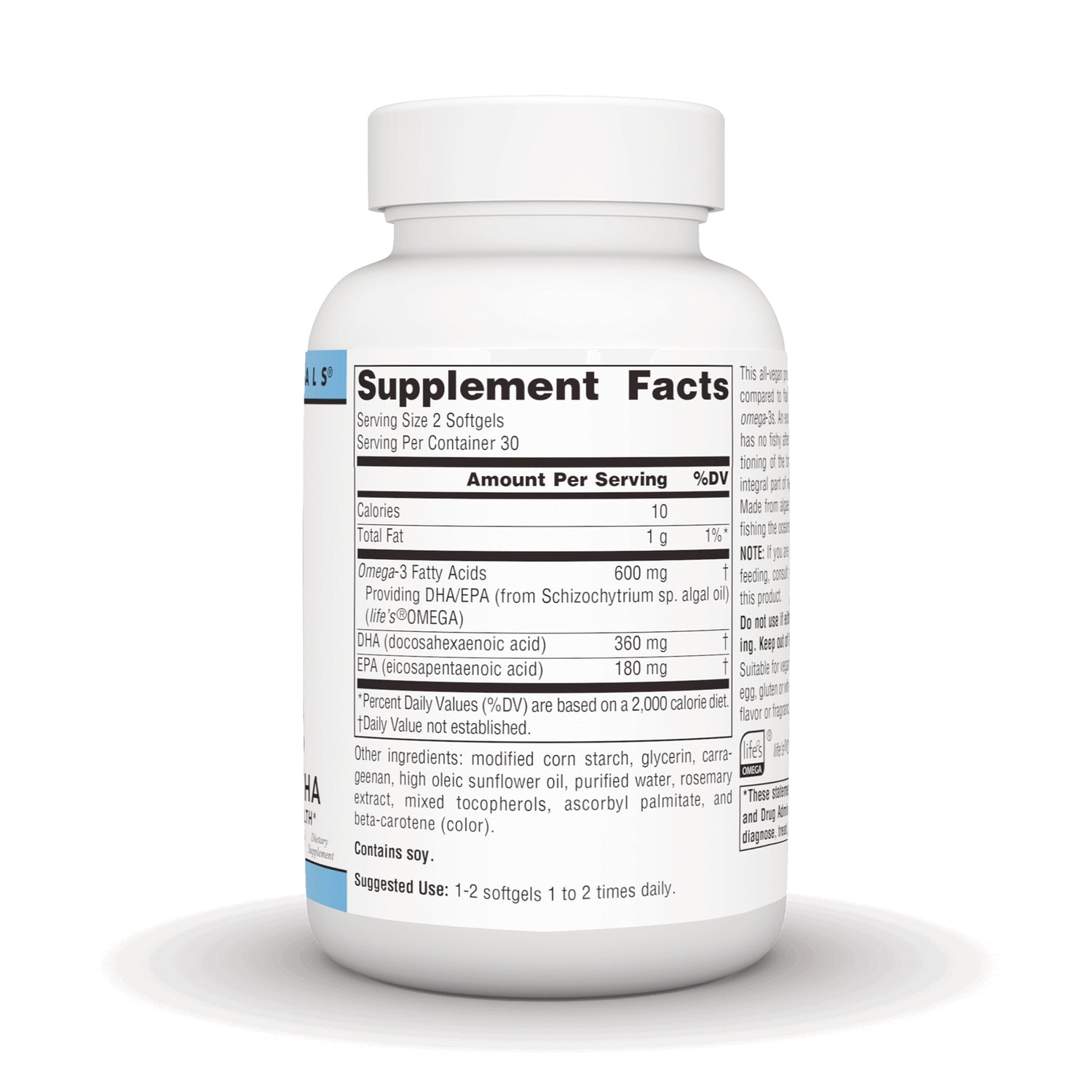 SN522 | Back label with Supplement Facts for omega-3 DHA/EPA algae oil softgels