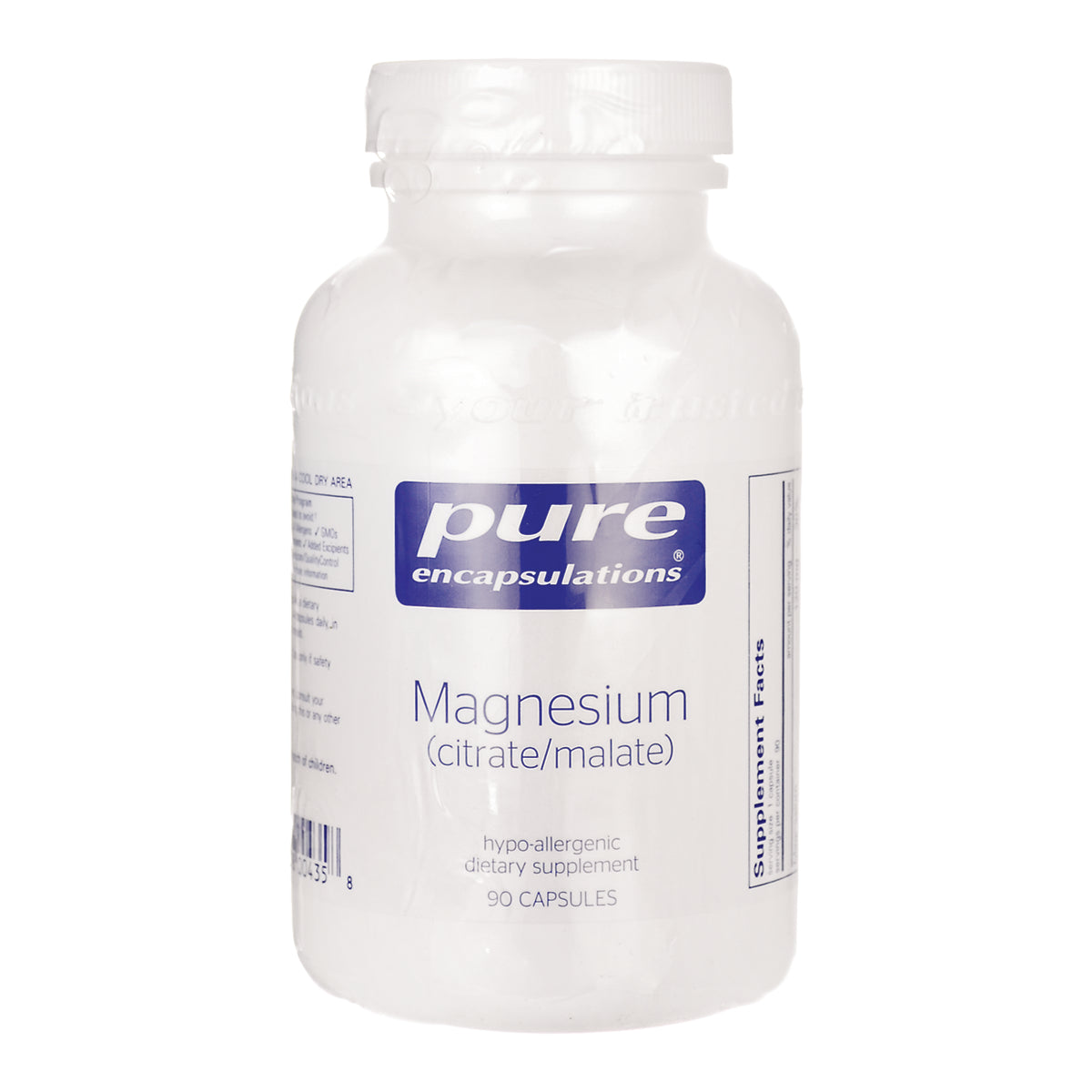 PRN177 | White Pure Encapsulations Magnesium (citrate/malate) supplement bottle, 90 capsules