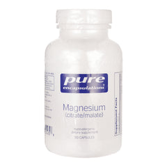 PRN177 | White Pure Encapsulations Magnesium (citrate/malate) supplement bottle, 90 capsules