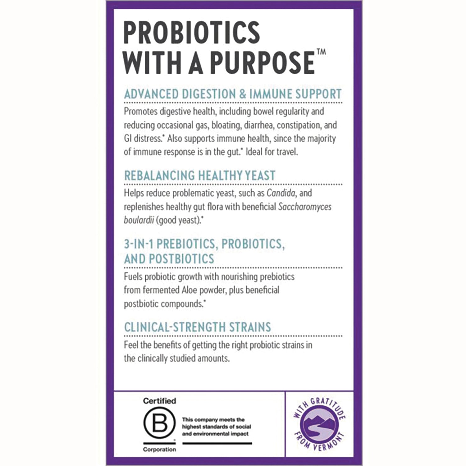 NWC312 | Product infographic listing digestion support, yeast rebalance, prebiotics, probiotics and clinical-strength strains